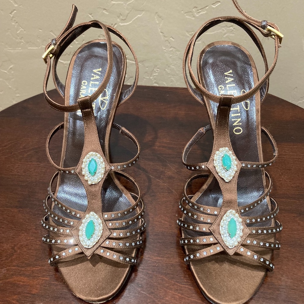 Valentino Garavani Chocolate Satin Heels with Ankle Strap, Size 37